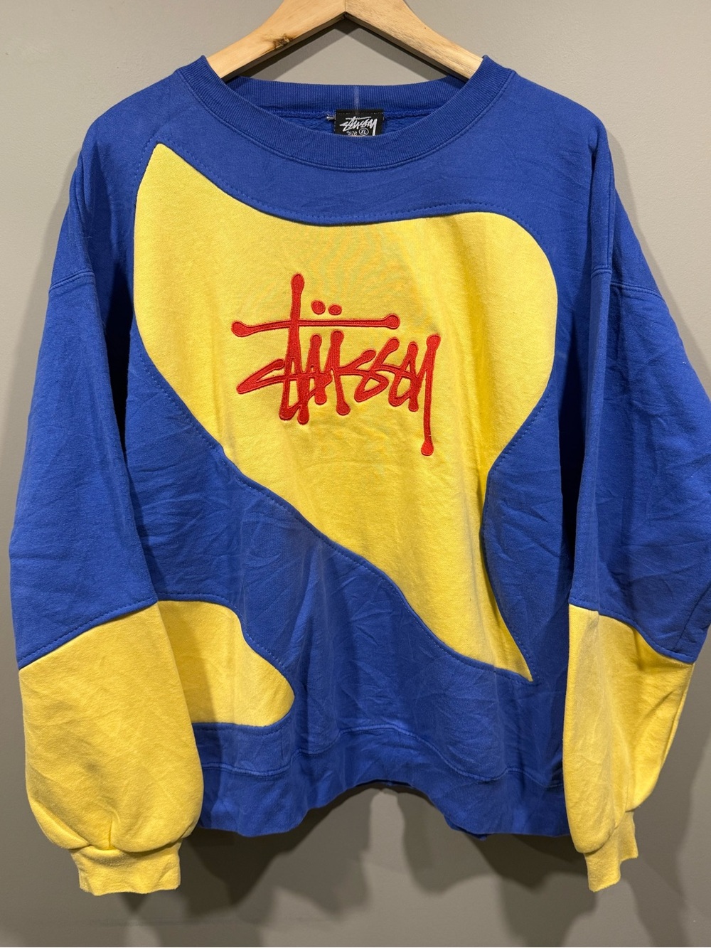 Stussy inspired Blue, Yellow & Red Colourblock rework Crewneck Sweater NWOT